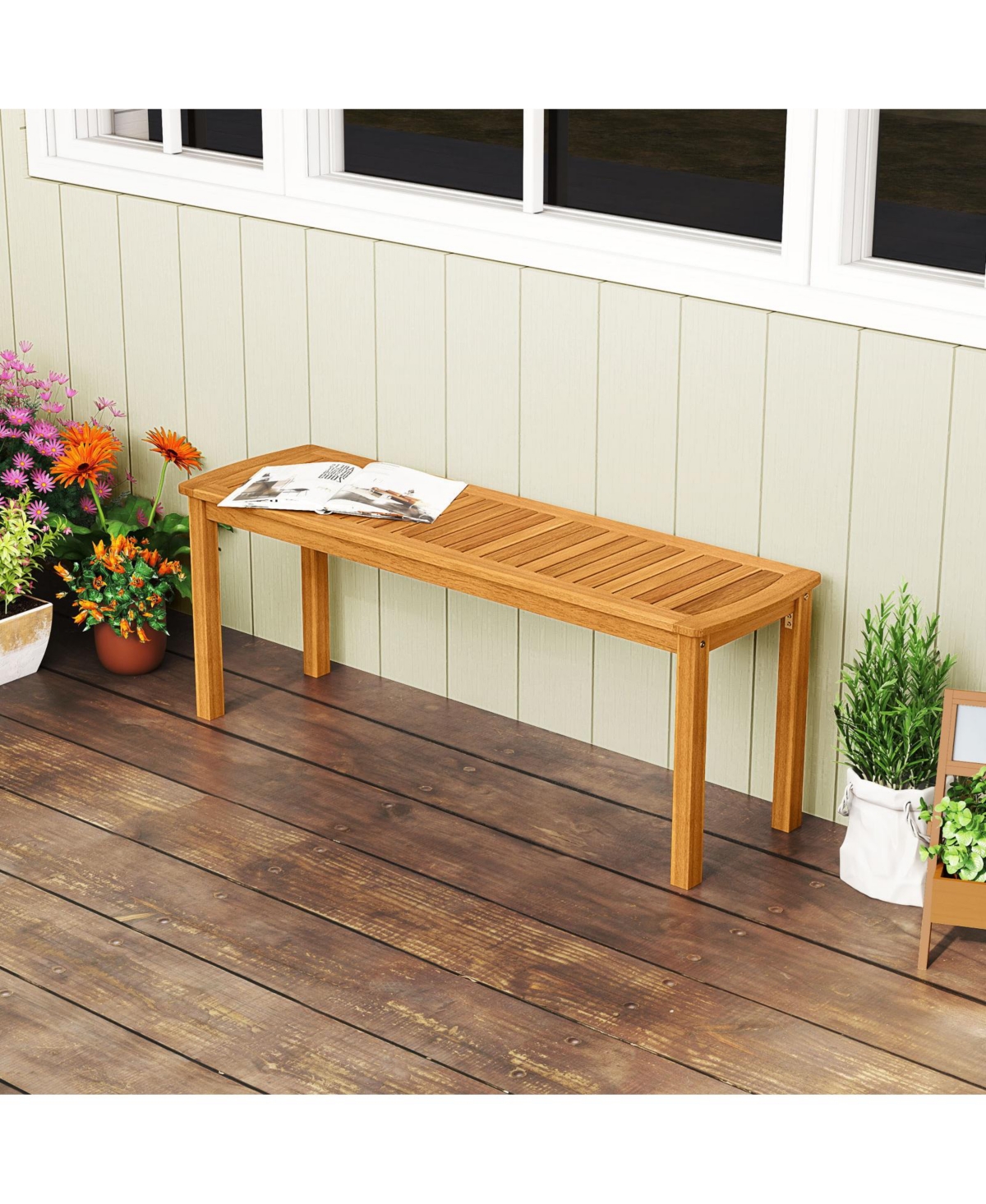 Gymax 2 Pcs Acacia Wood Outdoor Bench 48'' Long Patio Dining Bench w/ Slatted Seat for Garden