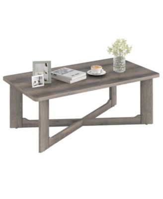 Coffee Table Solid Rubber Wood Center Table with X-Shaped Base for Living Room
