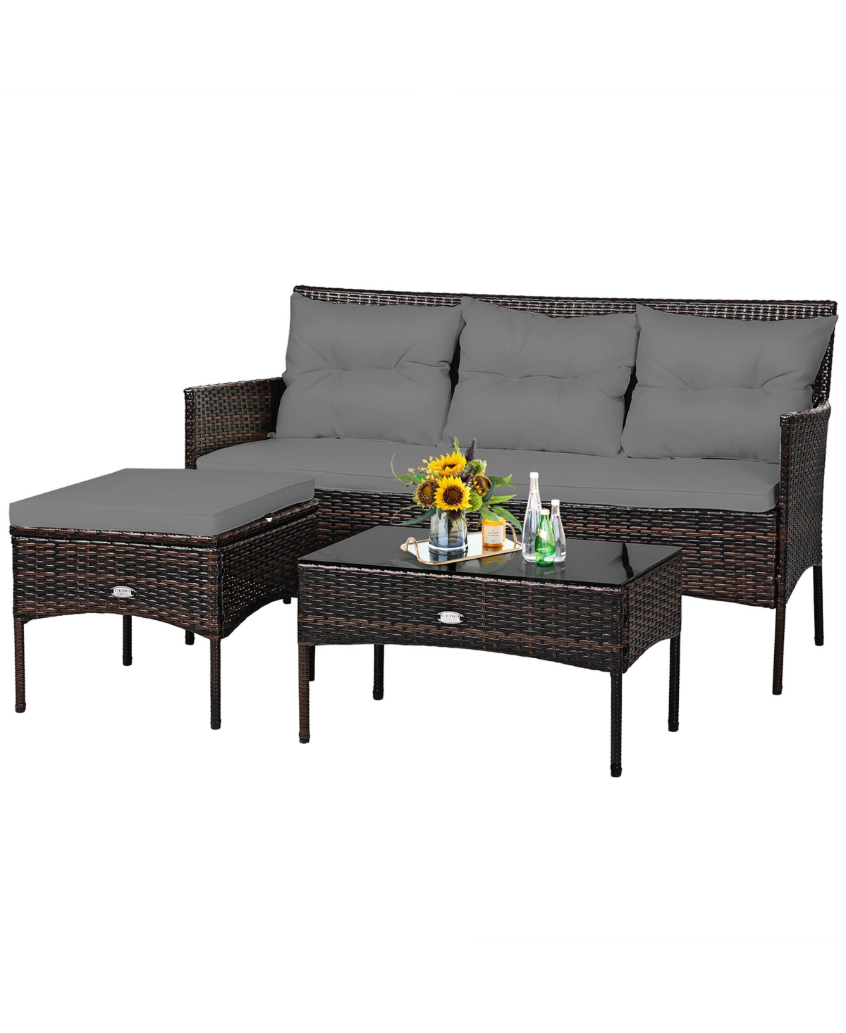 Costway 3PCS Patio Rattan Furniture Set 3-Seat Sofa Cushioned Table Garden