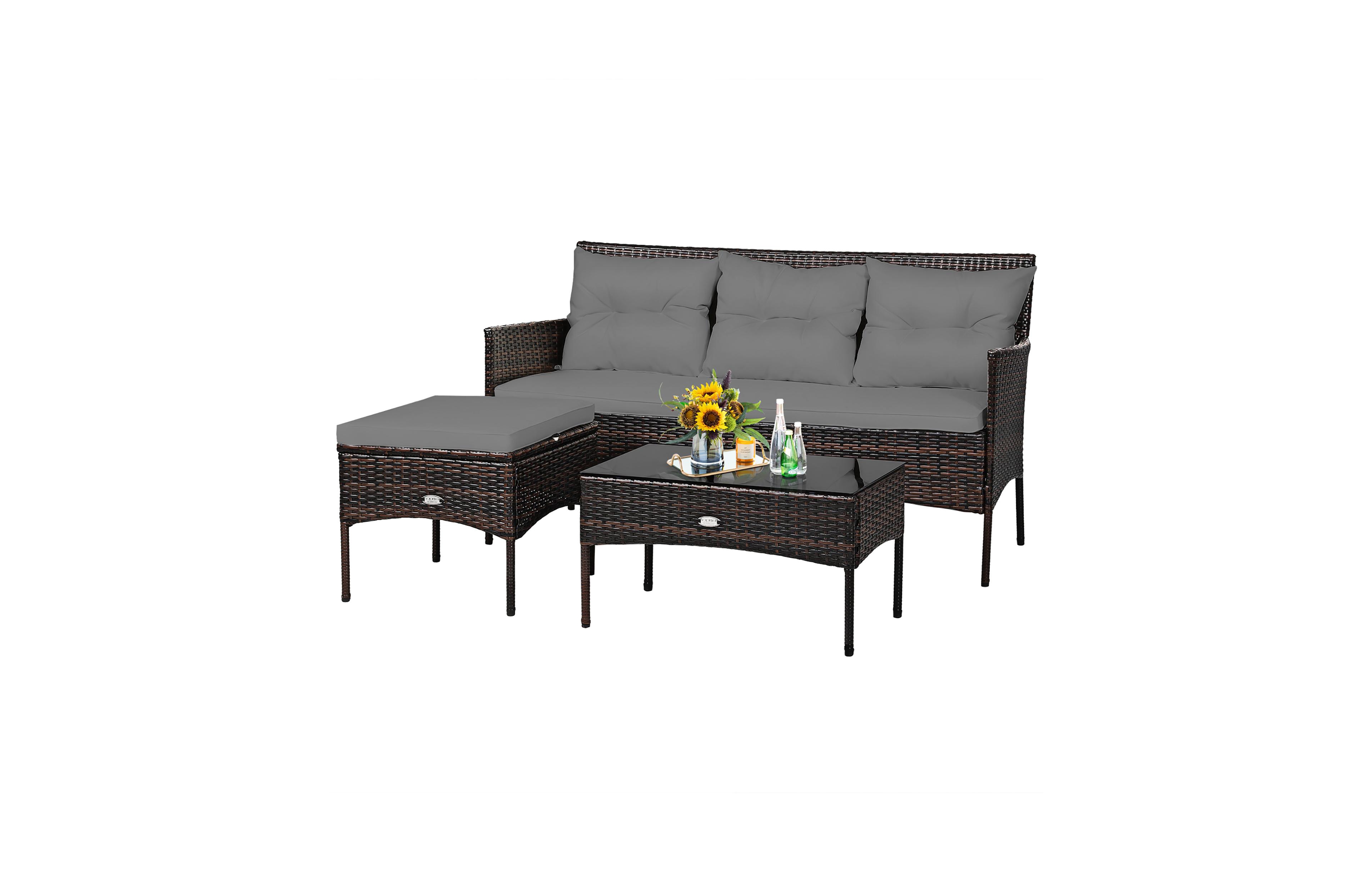 Costway 3PCS Patio Rattan Furniture Set 3-Seat Sofa Cushioned Table Garden