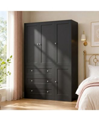 Wooden Armoire Wardrobe Closet, 71''H Large Clothing Storage Cabinet with Handing Rod and 3 Drawers, Armoire Clothes Organizer for Bedroom