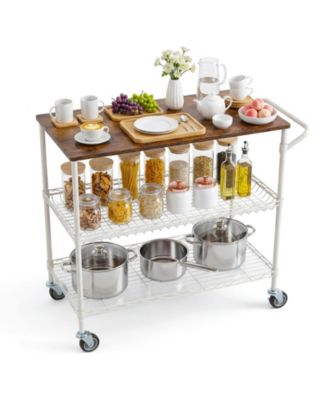 35" Rolling Kitchen Cart with Wood Top, 3 Tier Metal Shelf Serving Cart on Wheels with 10 Hooks and Lockable Casters, Kitchen Utility Cart