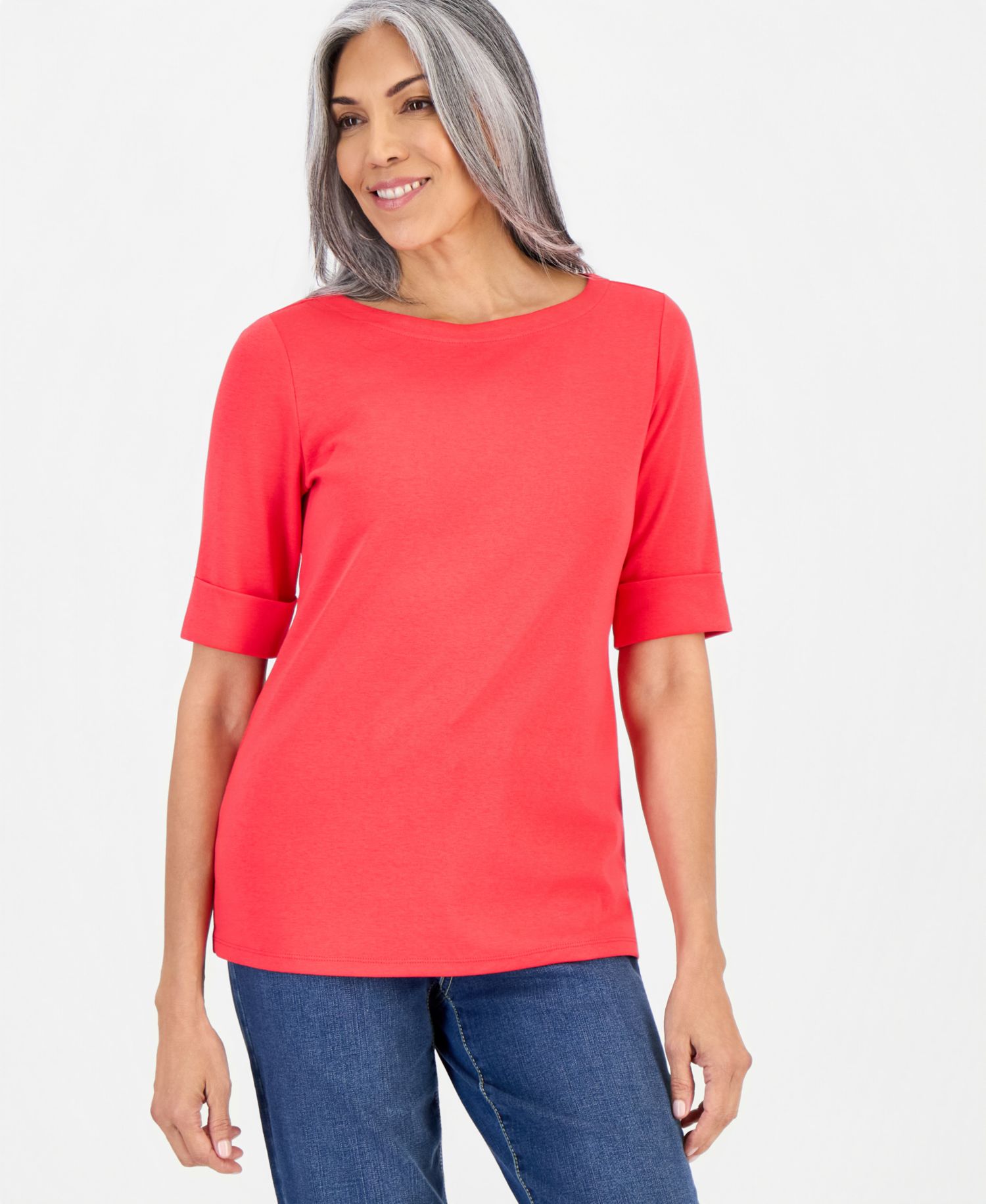 Petite Cotton Elbow-Sleeve Boat-Neck Top