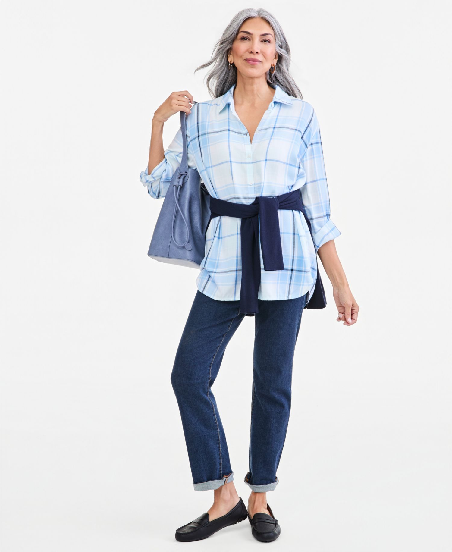 Plus Plaid Oversized Roll-Tab Button-Front Shirt