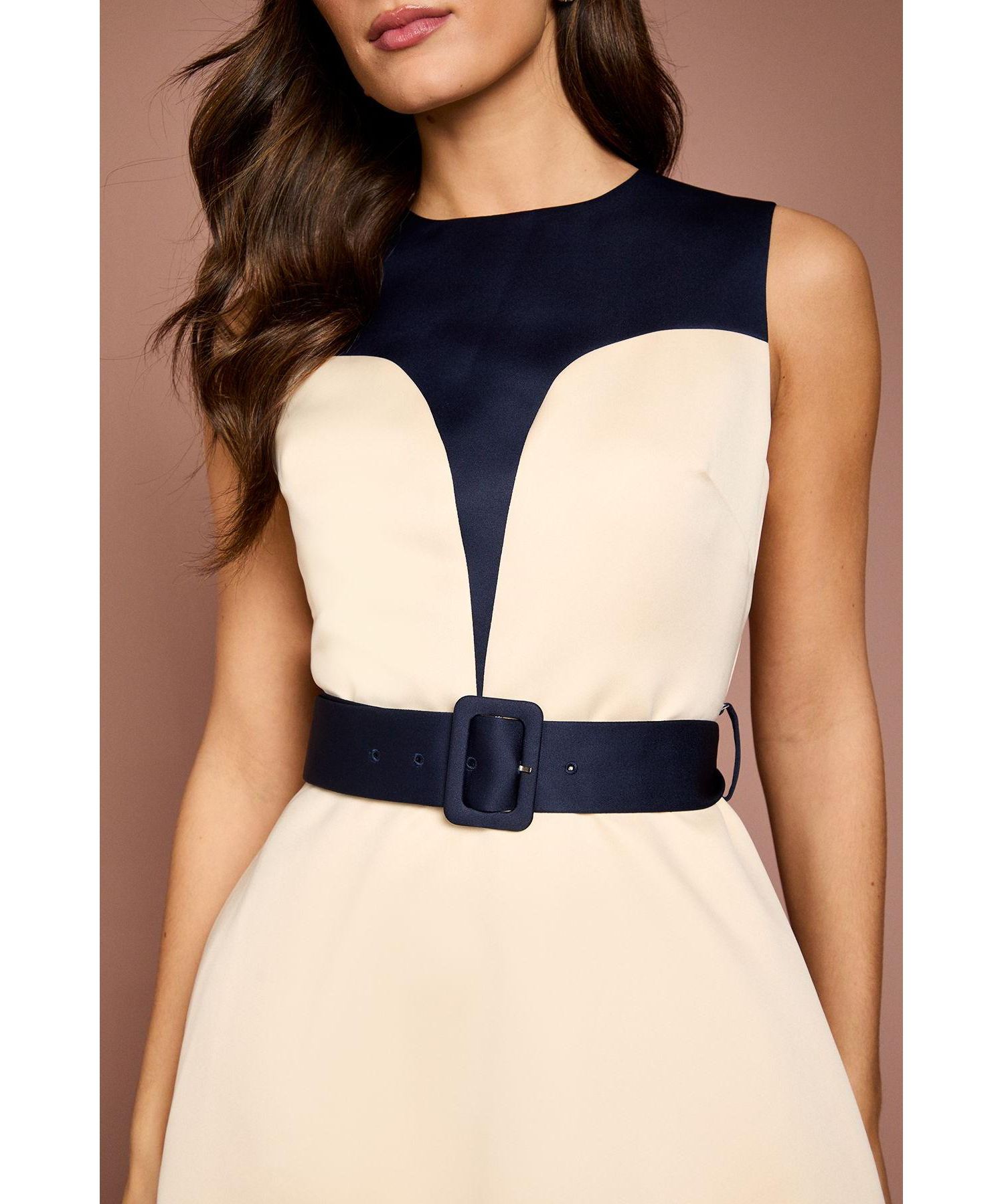 Women's Colour Block Crepe Belted Midi Dress