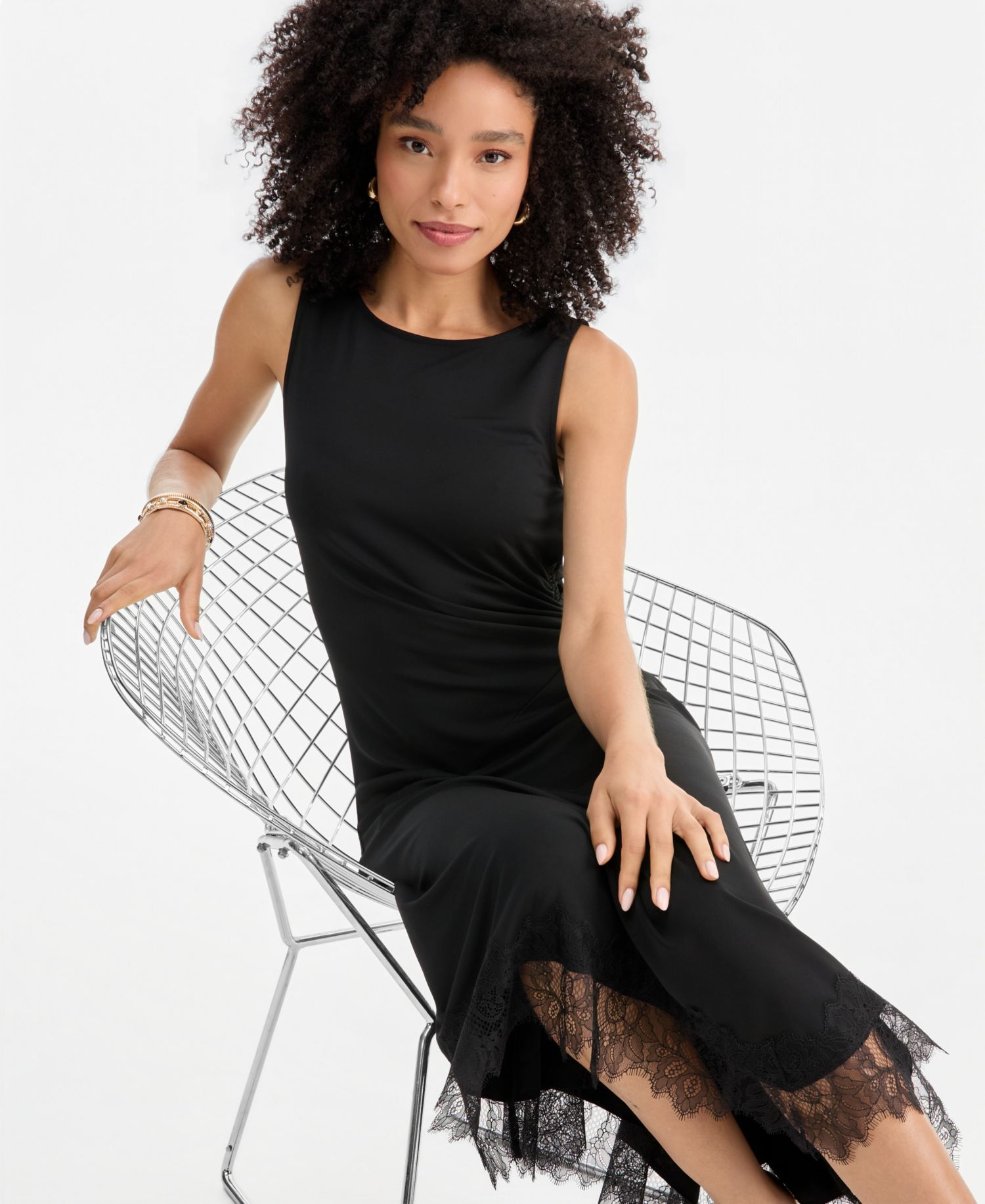 Women's Lace-Trim Asymmetrical-Hem Sleeveless Midi Dress