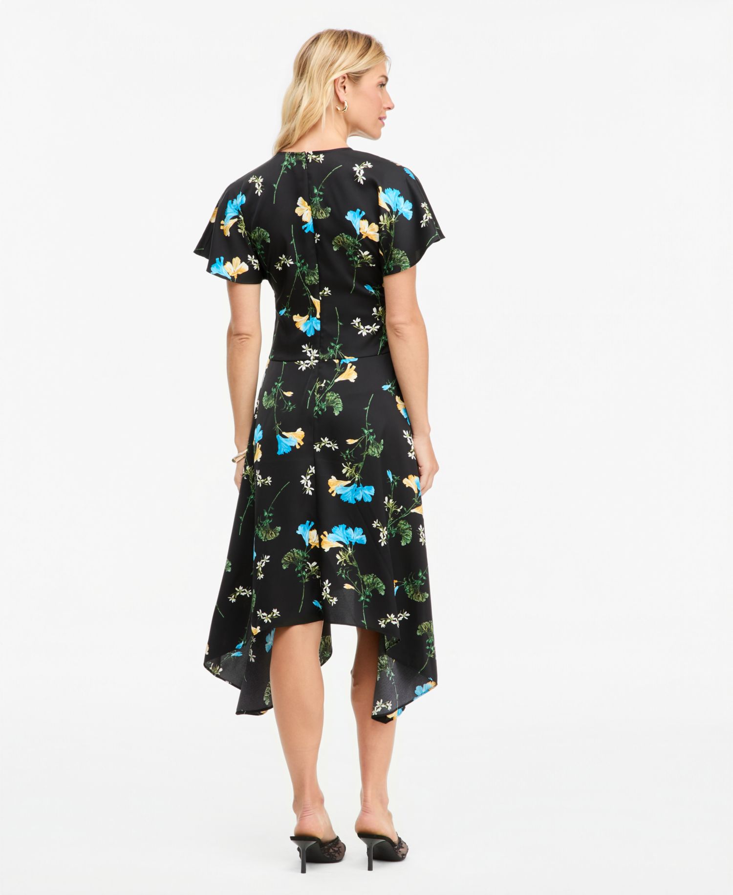 Women's Floral Satin Asymmetrical Hem Midi Dress