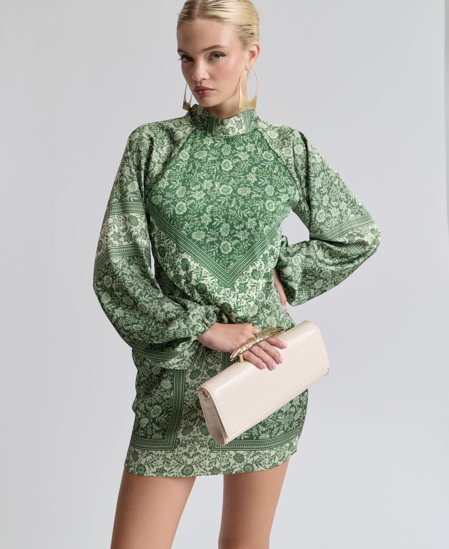Women's Printed Satin High-Neck Scarf Mini Dress