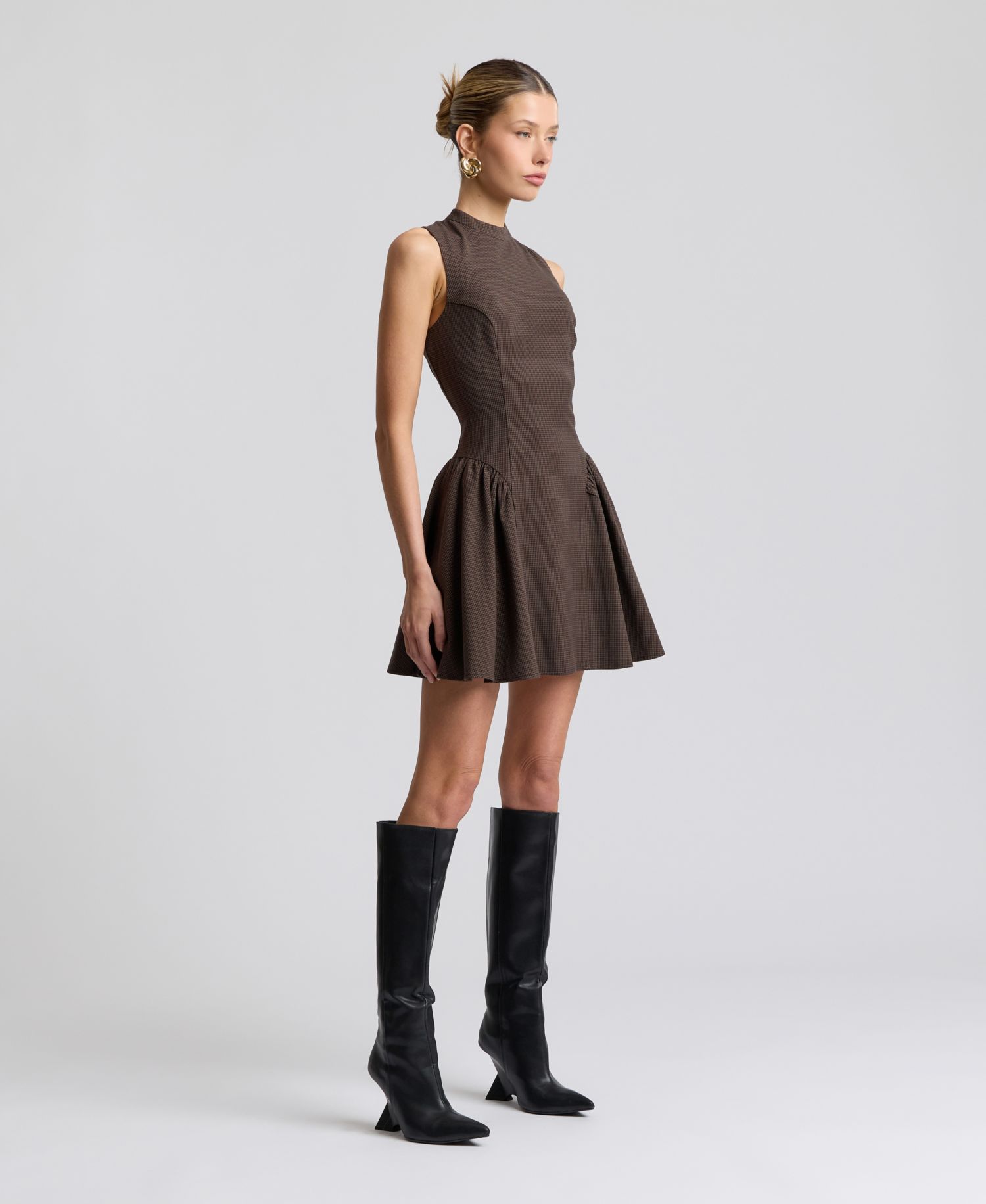 Women's Stretch Plaid Mock-Neck Flounce Mini Dress