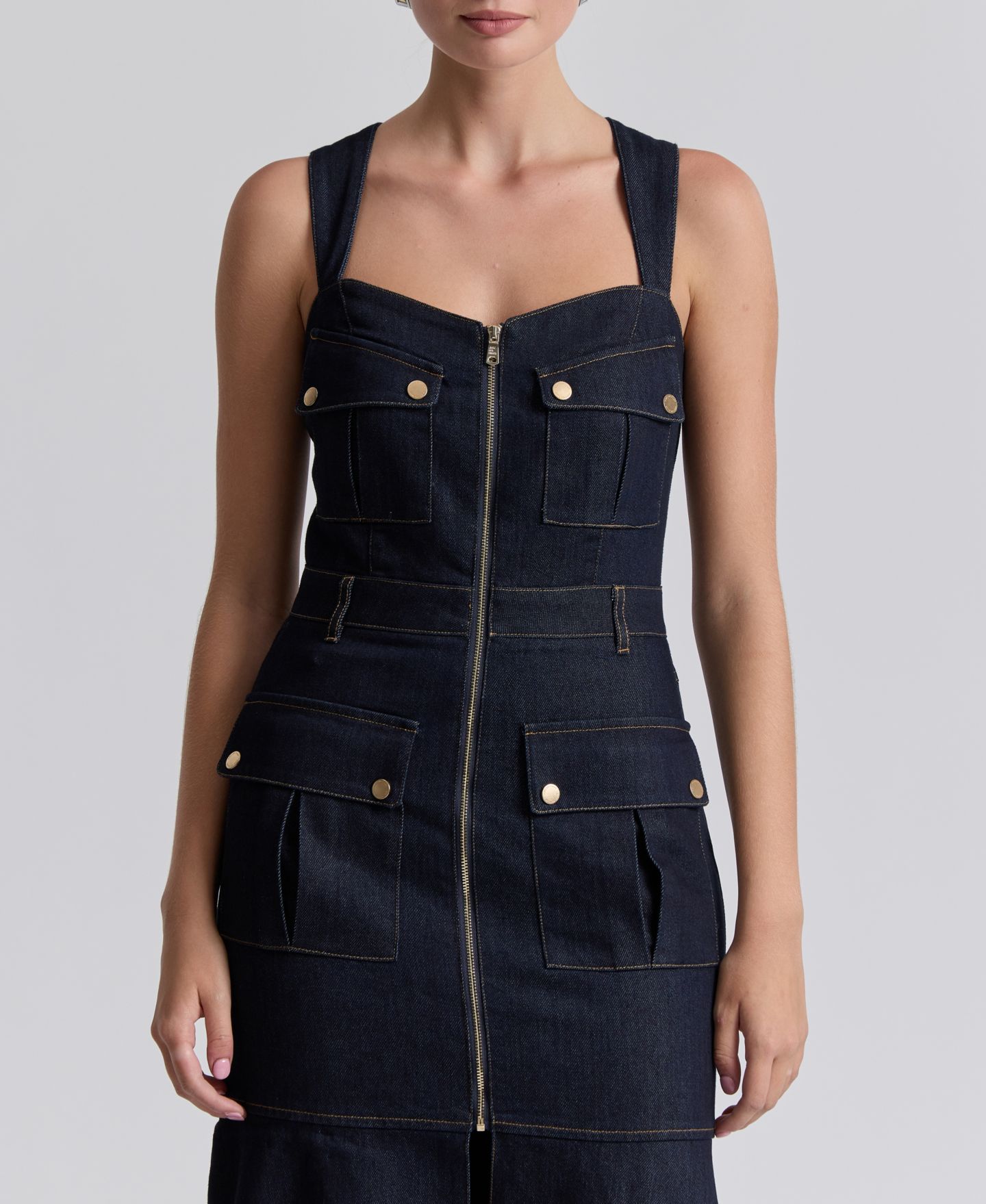 Женское платье Avec Les Filles Stretch Denim Cargo Zip-Front Midi, цвет: Dark Rinse — фото 4