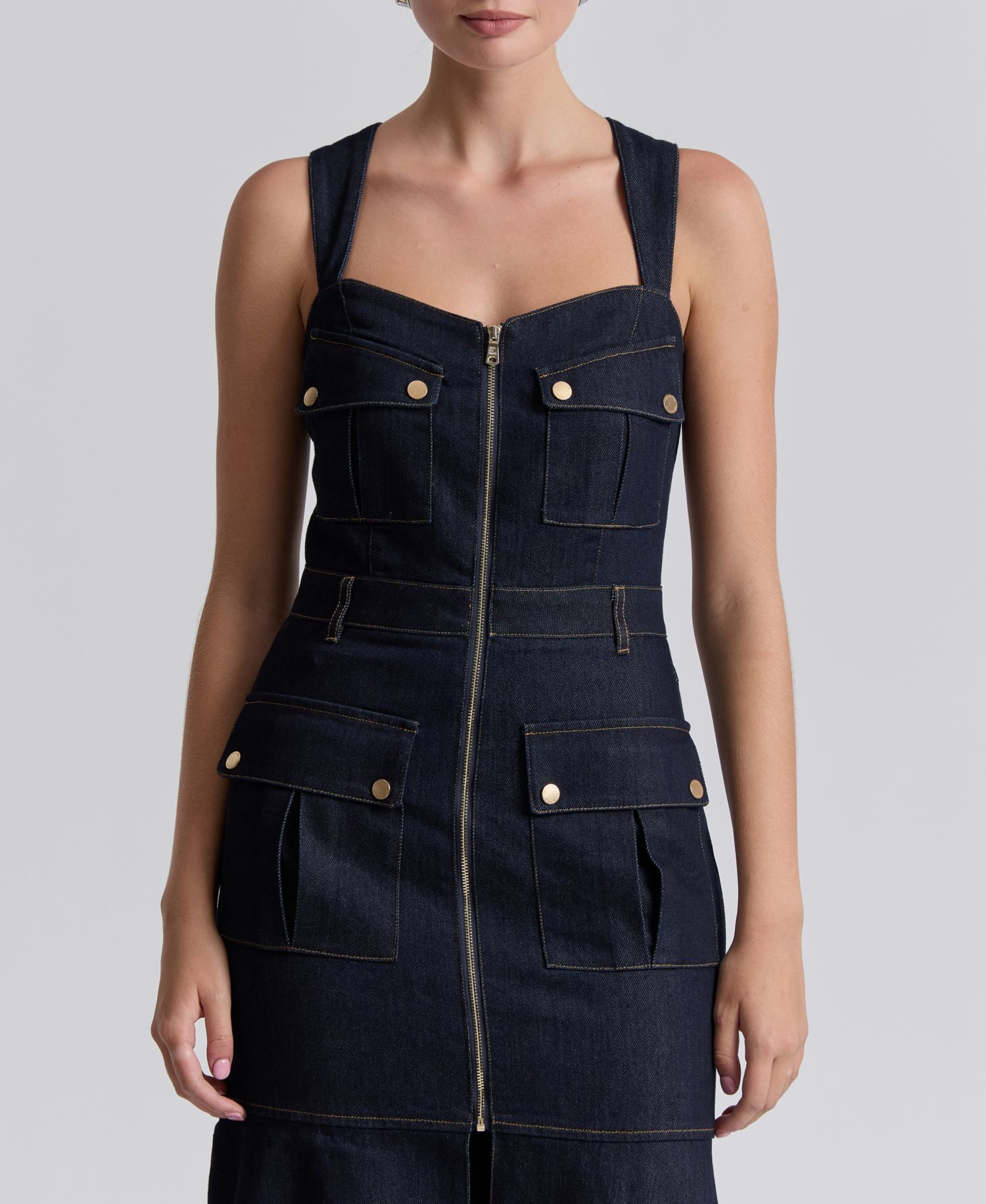 Women's Stretch Denim Cargo Zip-Front Midi Dress