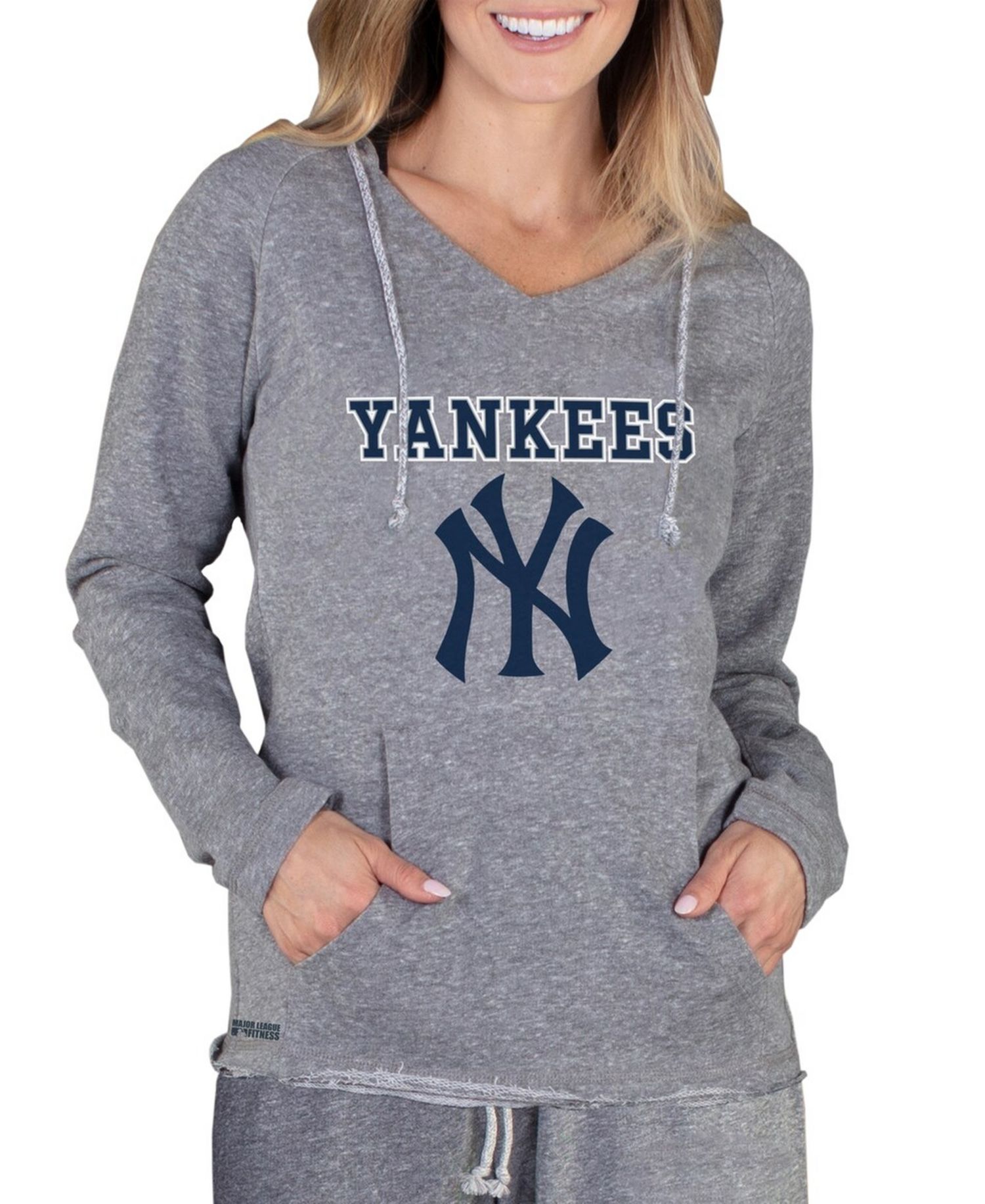 Women's Gray New York Yankees Mainstream Terry Long Sleeve Hoodie Top