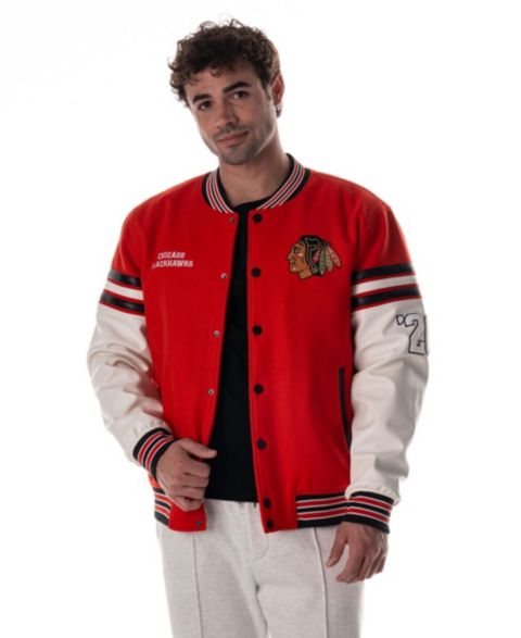 Женские куртки The Wild Collective Men's and Women's Red Chicago Blackhawks Drop Shoulder Full-Snap Varsity Jacket