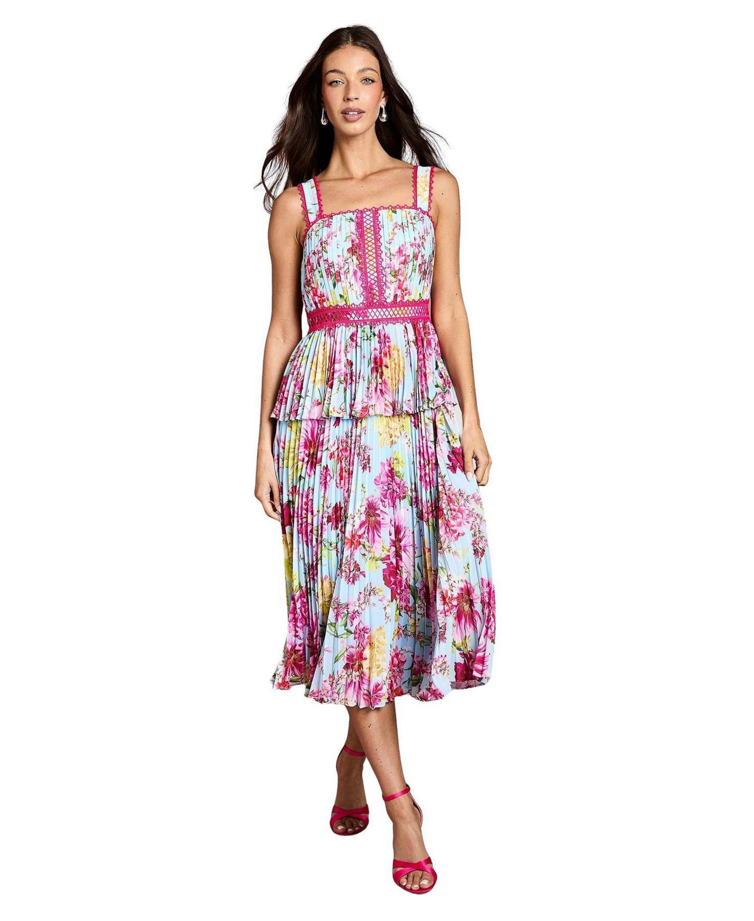 Women's Pleated Floral Square Neck Midi Dress