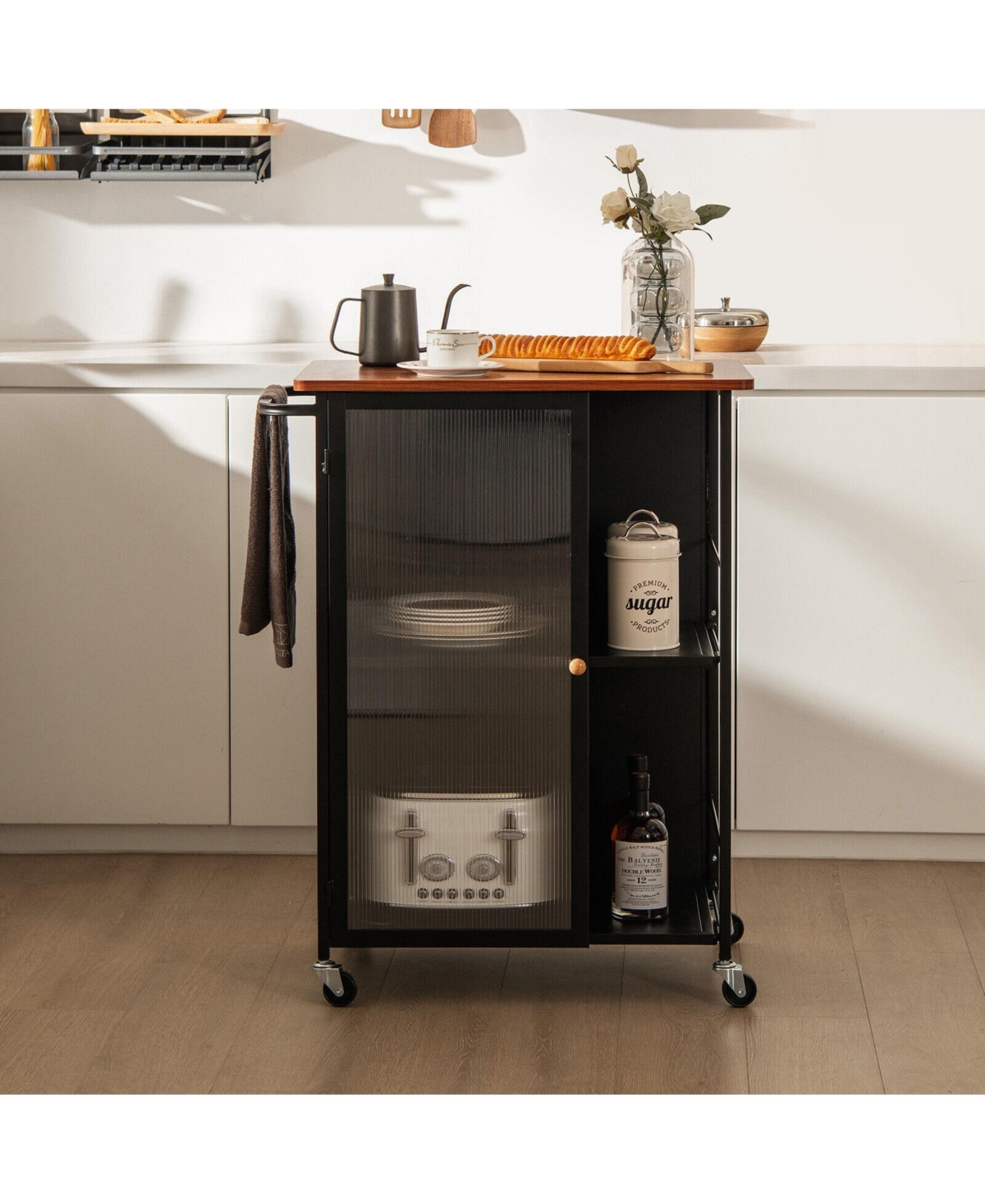 Gouun Mobile Serving Cart with Transparent-Door Cabinet, 360-Degree Casters and Towel Rack, 27.5 x 17 in