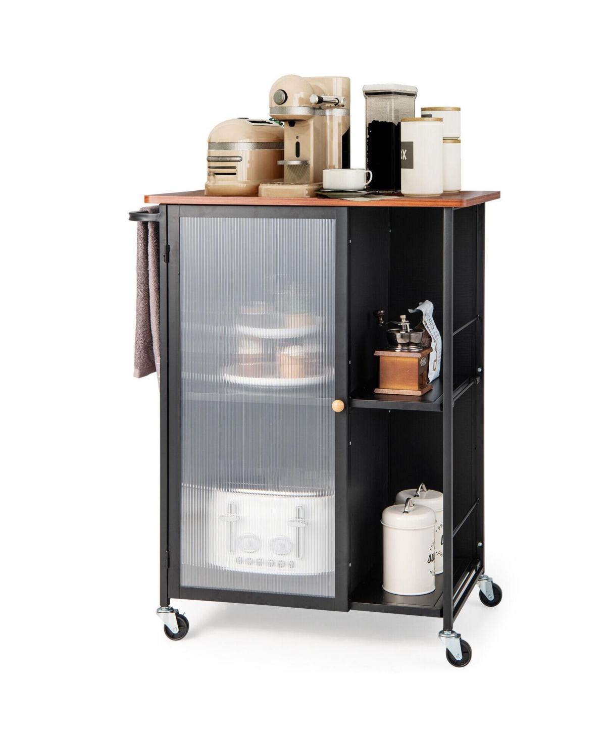 Gouun Mobile Serving Cart with Transparent-Door Cabinet, 360-Degree Casters and Towel Rack, 27.5 x 17 in