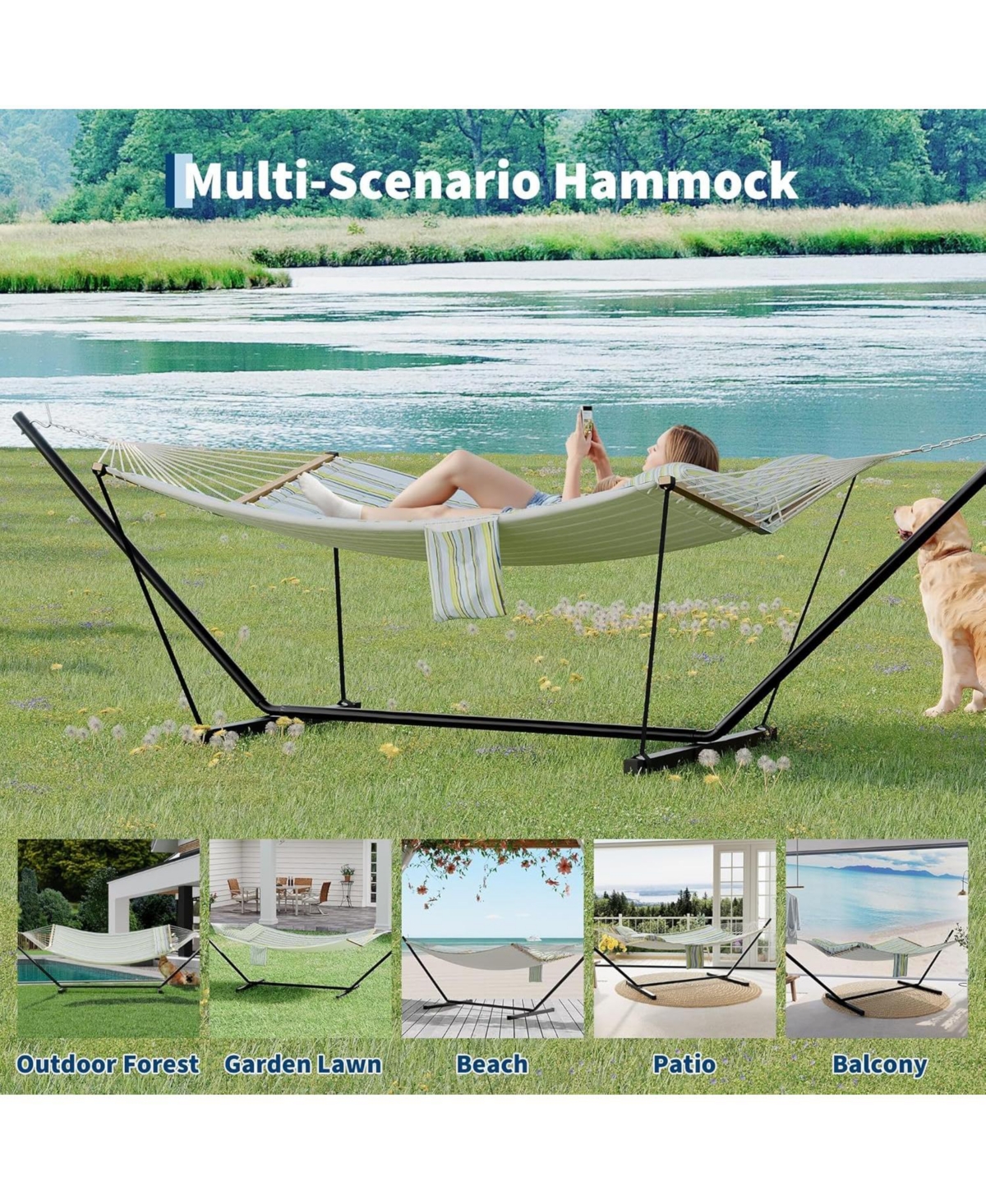 homfan Double Outdoor Hammock Set with Adjustable Steel Frame and Detachable Pillows, 2-Person Hammock for Yard, Patio, Garden and Beach