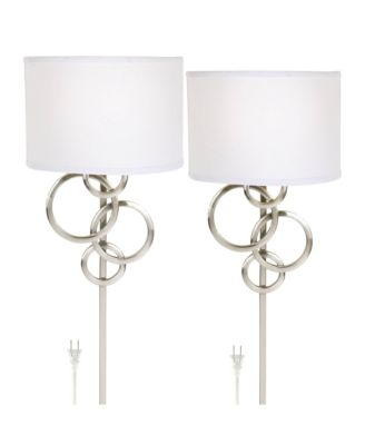 Circles Modern Wall Light Sconces Set of 2 Smart Sockets Brushed Nickel Plug-In 12" Fixture Off-White Shades Bedroom