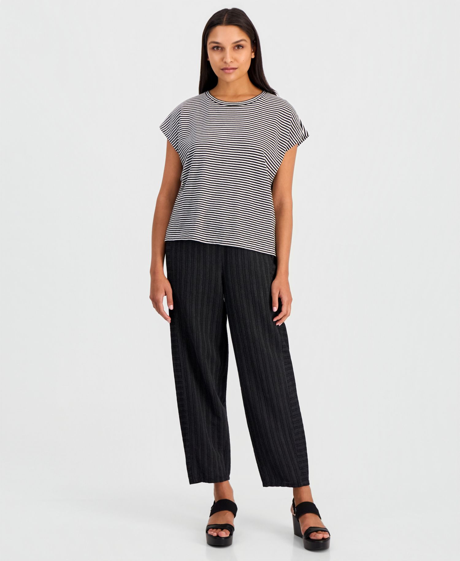 Women's Cotton Striped Cap-Sleeve Crewneck Tee