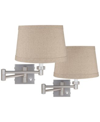Modern Swing Arm Wall Lamps Set of 2 Brushed Nickel Plug-In Light Fixture Natural Linen Drum Shade for Bedroom