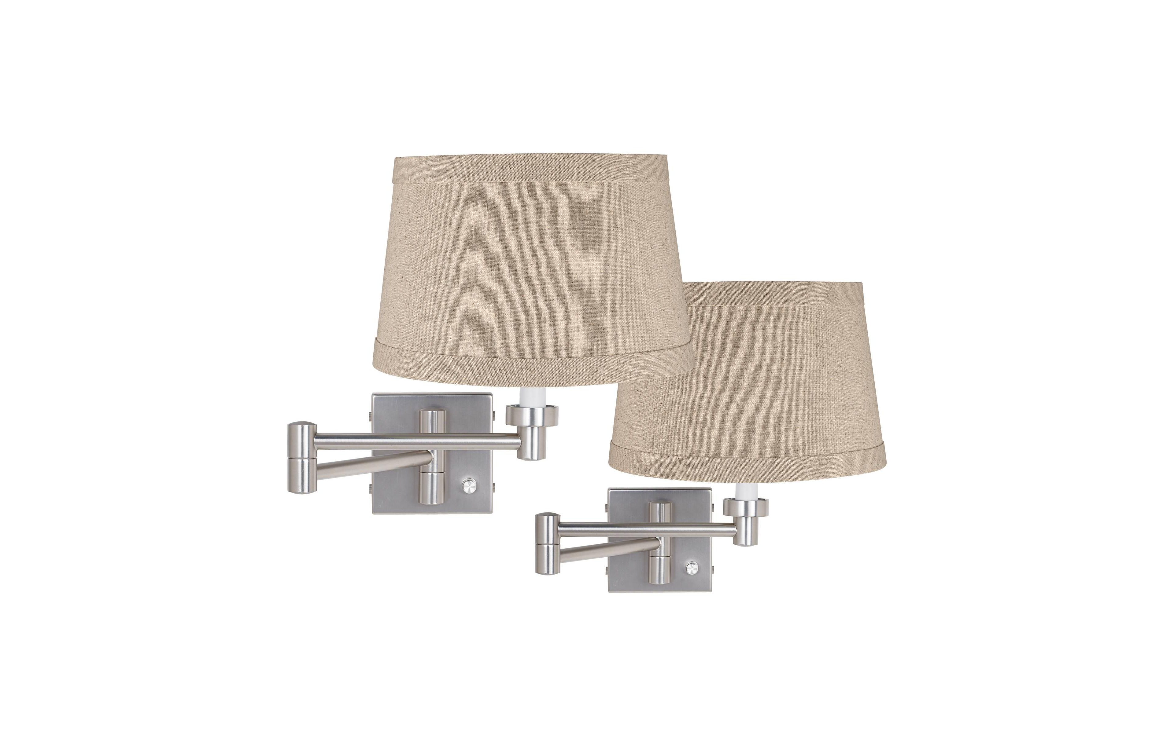 Possini Euro Design Modern Swing Arm Wall Lamps Set of 2 Brushed Nickel Plug-In Light Fixture Natural Linen Drum Shade for Bedroom