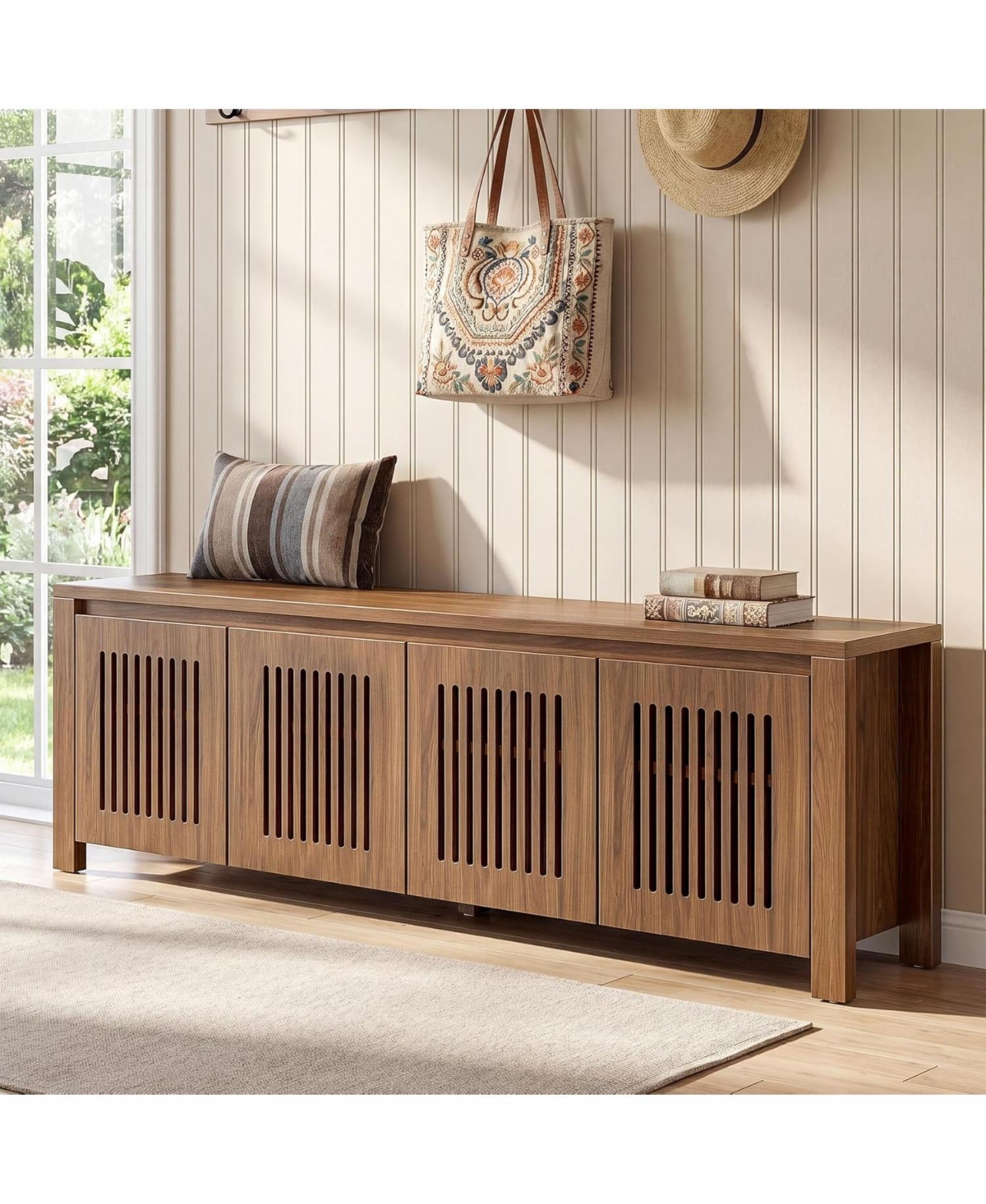 Tribesigns 55"Shoe Storage Bench,2-Tier Mid-Century Modern Entryway Bench with Slatted Doors for Living Room,Entryway,Bedroom,Foyer,Entrance,Walnut