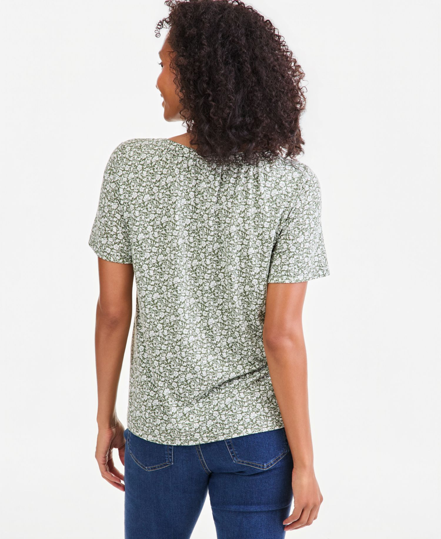 Petite Printed Split-Neck Flutter Sleeve Top