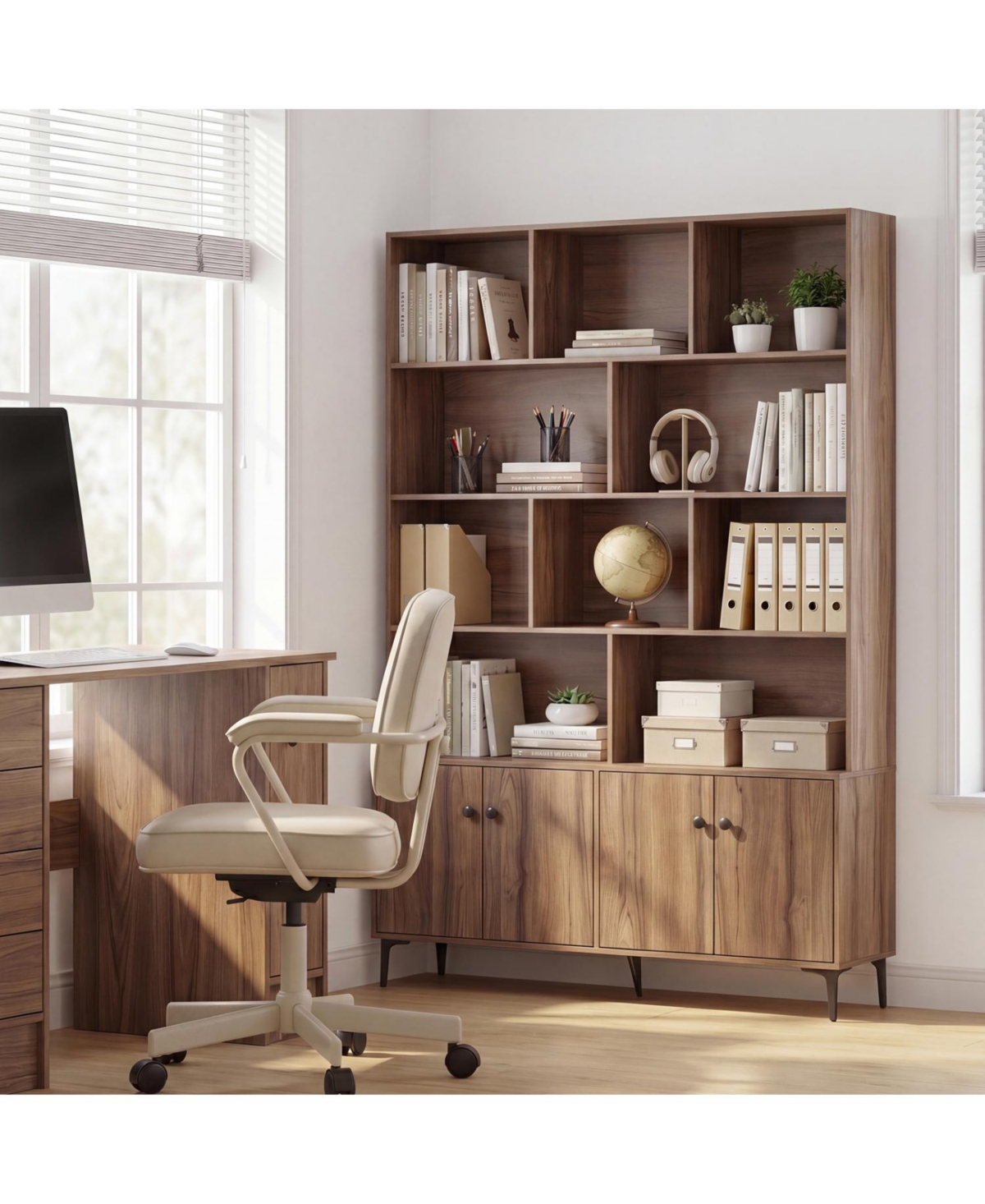 Slickblue Tall Bookshelf with 4 Storage Doors and Anti-Tip Hardware Included
