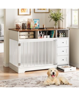  Dog Crate TV Stand, Farmhouse Media Console with Storage Drawers and Pet Bowl, Heavy Duty Indoor Kennel Table for Small and Medium Dogs