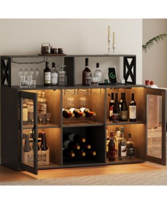 Wine Bar Cabinet with LED Lights and Power Outlets Buffet Sideboard with Wine Rack and Glass Rack for Living Room