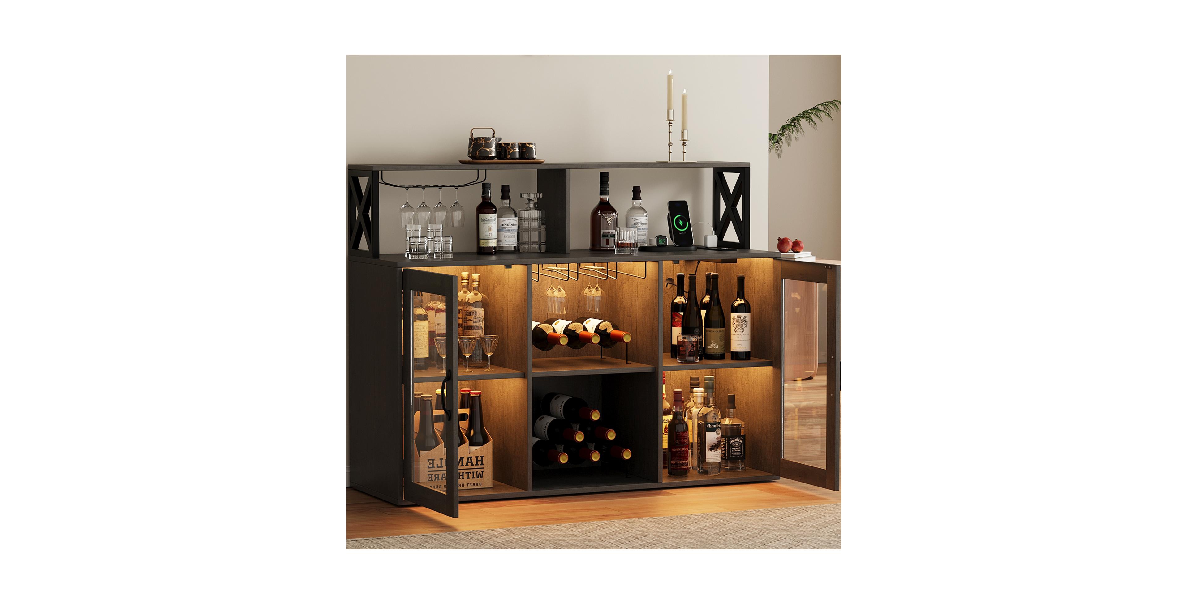 homfan Wine Bar Cabinet with Led Lights and Power Outlets Buffet Sideboard Rack Glass for Living Room