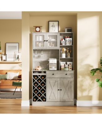 Coffee Bar Cabinet with Power Outlet and Barn Doors, Sideboard Buffet with Wine Rack, Storage Cabinet for Kitchen, Dining Room