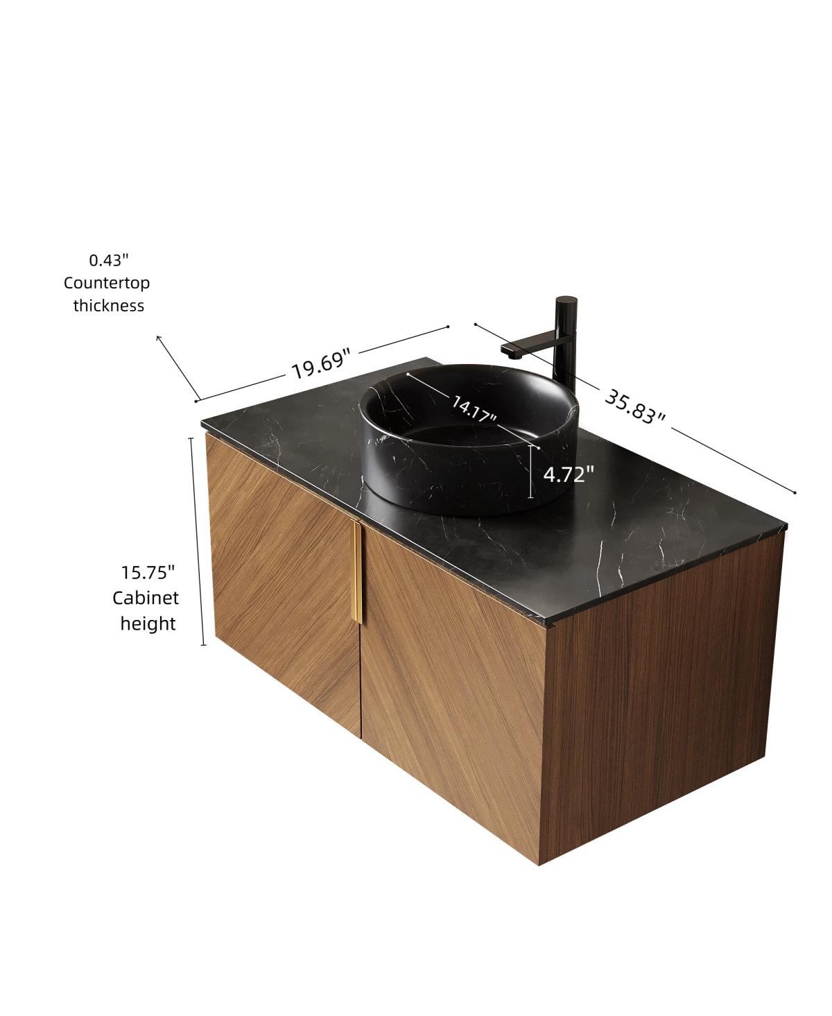 Sillysis Floating Bathroom Vanity Cabinet with Ceramic Vessel Sink, Sintered Stone Countertop, Large Storage