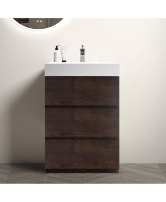 Modern Bathroom Vanity with Stone Sink, Pre-assembled Soft Close 3 Drawers, Handle-Free Freestanding Storage Cabinet