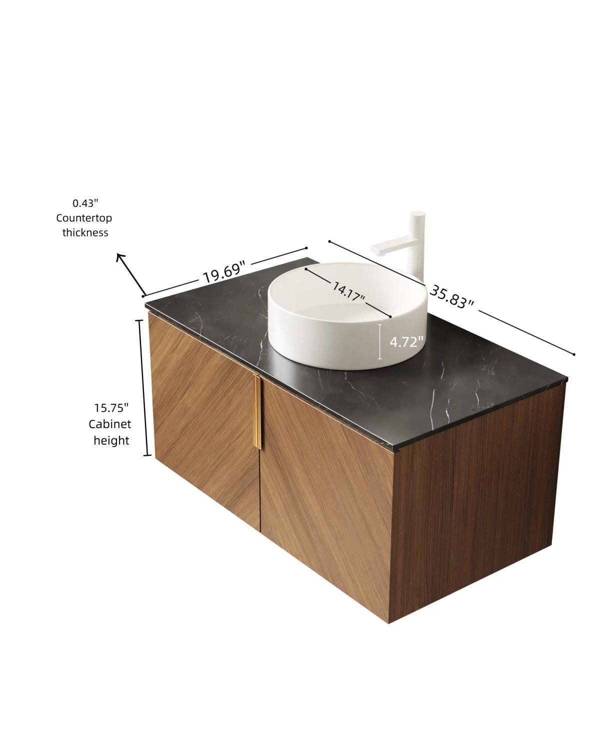 Sillysis Floating Bathroom Vanity Cabinet with Ceramic Vessel Sink, Sintered Stone Countertop, Large Storage