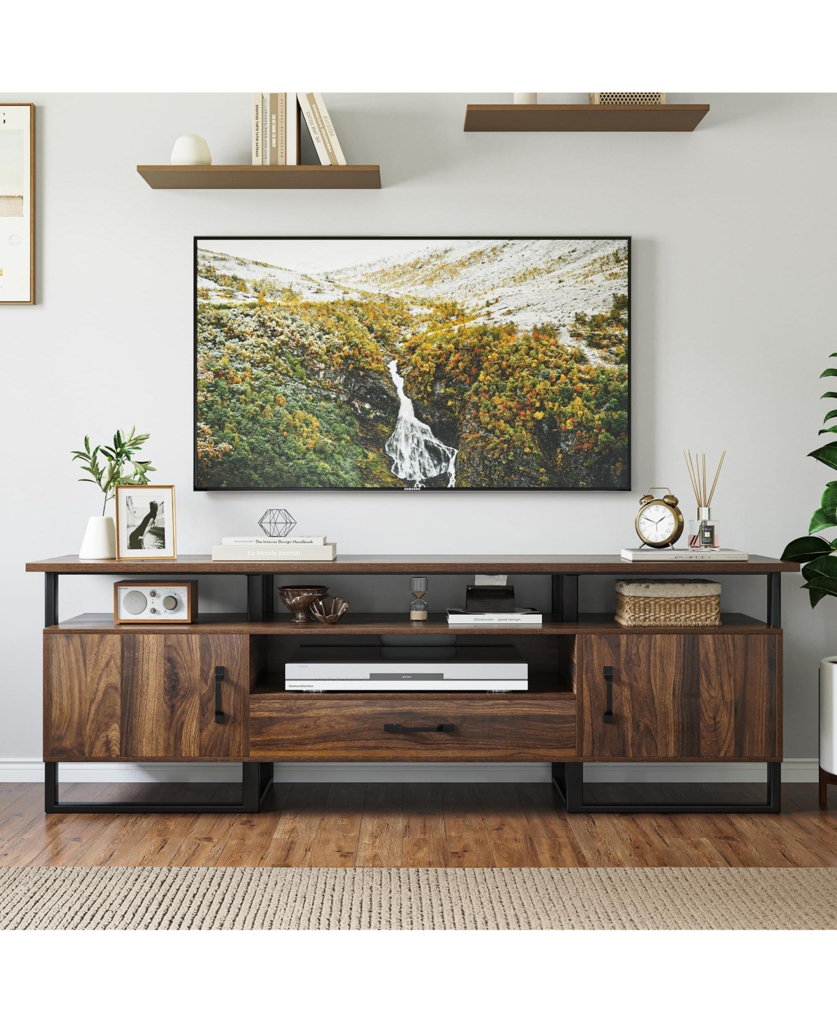 homfan Mid Century Modern Tv Stand for 75 Inch Tv, Entertainment Center, Storage and Drawer, Industrial Media Console for Living Room - Brown