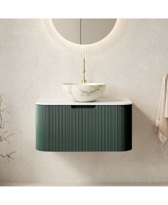 Wall-Mounted Bathroom Vanity with Ceramic Sink, Sintered Stone Top, Soft Close Drawer, Pre-Assembled Stripe Cabinet