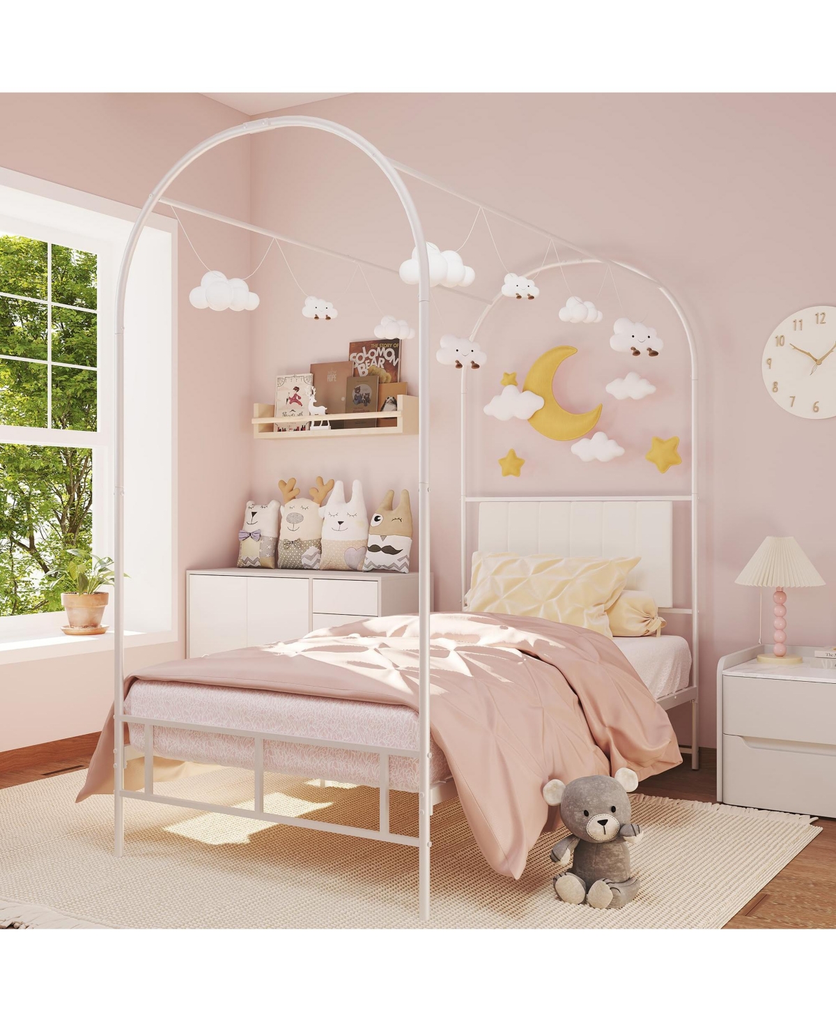 homfan Twin Canopy Bed Frame, Metal Canopy Bed with Upholstered Headboard and Under Bed Storage for Bedroom