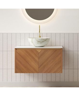 Floating Bathroom Vanity with Ceramic Vessel Sink, Carrara Sintered Stone Top, Solid Wood Door, Twill Metal Trim