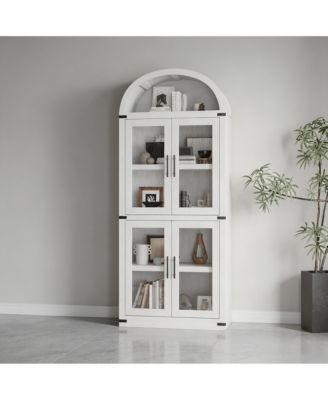 Arched Glass Door Bookshelf, Freestanding Engineered Wood 4-Door Display Cabinet with Anti-Tip Design Home Storage Cabinet