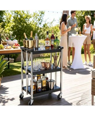 3 Tier Bar Cart, 26Inch Collapsible Rolling Service Cart with Locking Wheels for Kitchen or Pantry