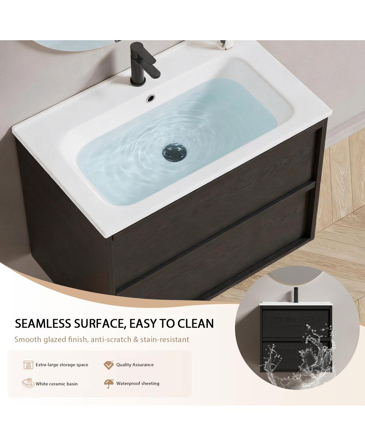 Sillysis Wall Mounted Bathroom Vanity with Ceramic Sink, Soft Close Drawers, Floating Black Cabinet