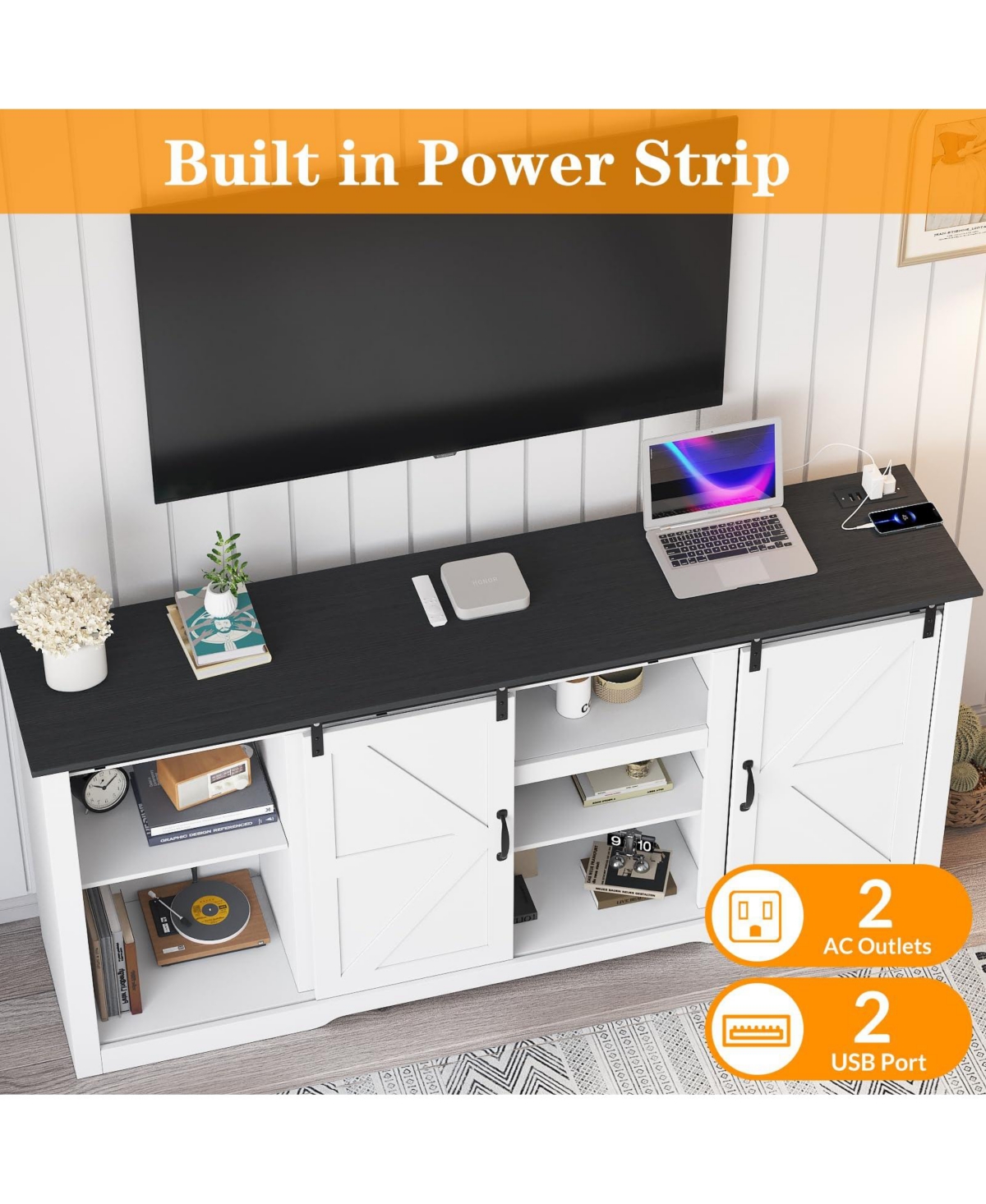 homfan Farmhouse Tv Stand for 80 Inch Tv, 70-Inch Entertainment Center with Sliding Barn Doors, Adjustable Storage Shelves
