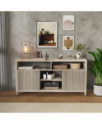 Fluted TV Stand for 65 Inch TV, Mid Century Modern Entertainment Center with Storage, Slim Tall Wood Media Console Table for Living Room