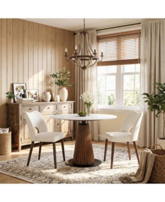 Set of 2 Dining Chairs, Fabric Upholstered Mid Century Chairs with Wood Legs and Hollow Back for Dining Room or Kitchen