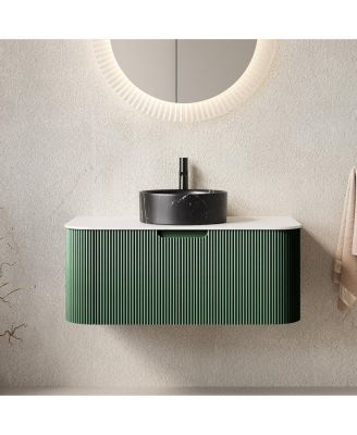 Wall-Mounted Bathroom Vanity with Ceramic Sink, Sintered Stone Top, Soft Close Drawer, Pre-Assembled Stripe Cabinet