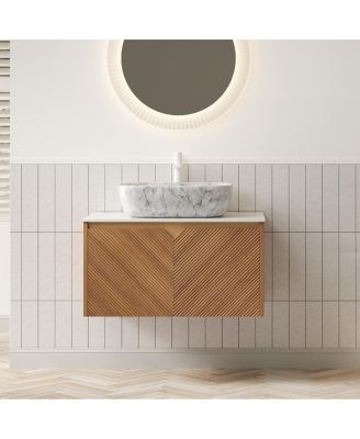 Floating Bathroom Vanity with Ceramic Vessel Sink, Carrara Sintered Stone Top, Solid Wood Door, Twill Metal Trim