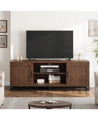 Farmhouse TV Stand for Living Room, Entertainment Center with 2-Tier Adjustable Shelves and Metal Leg, Console for 75 Inch