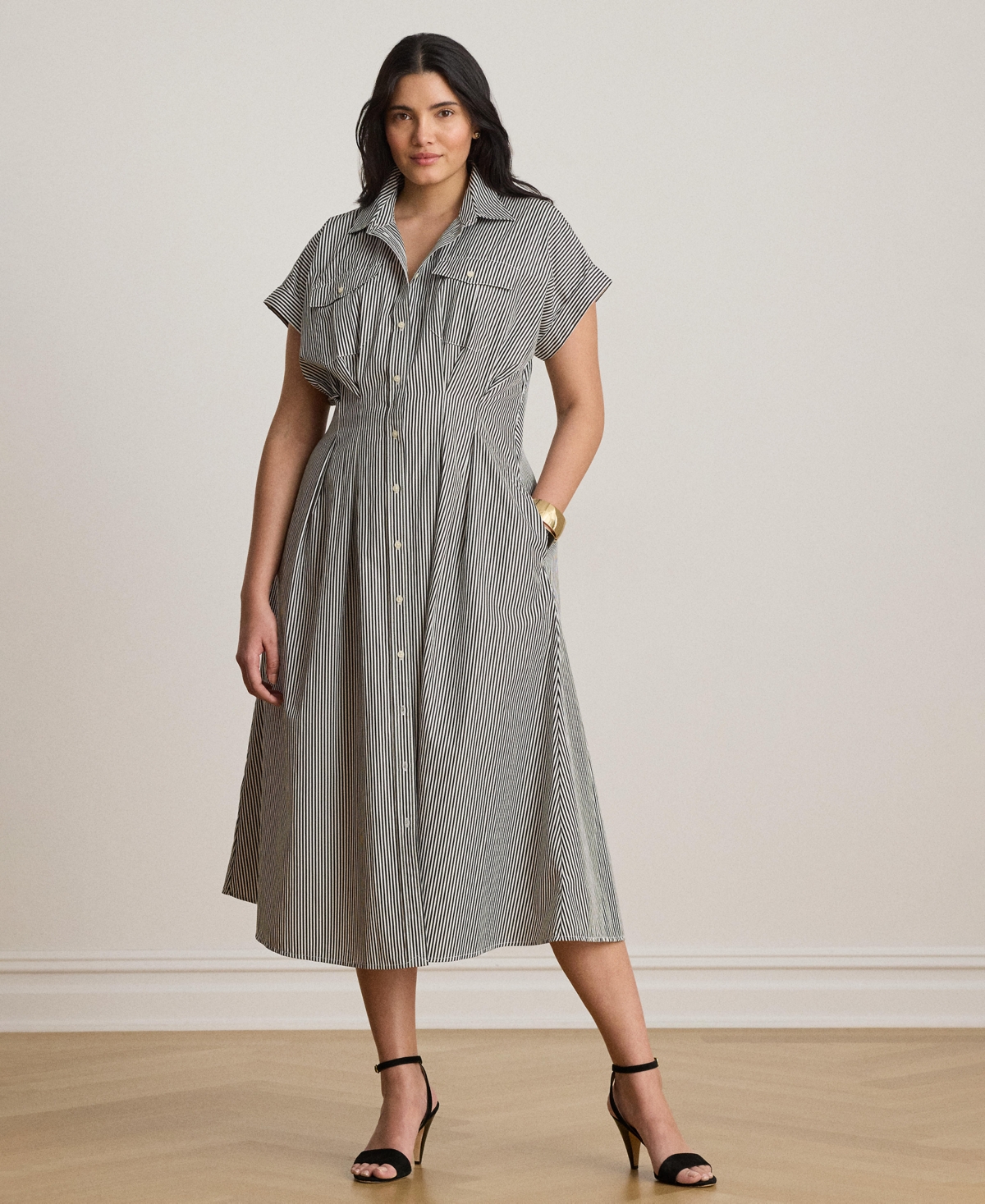 Lauren Ralph Women's Striped Pleated Broadcloth Shirt Dress