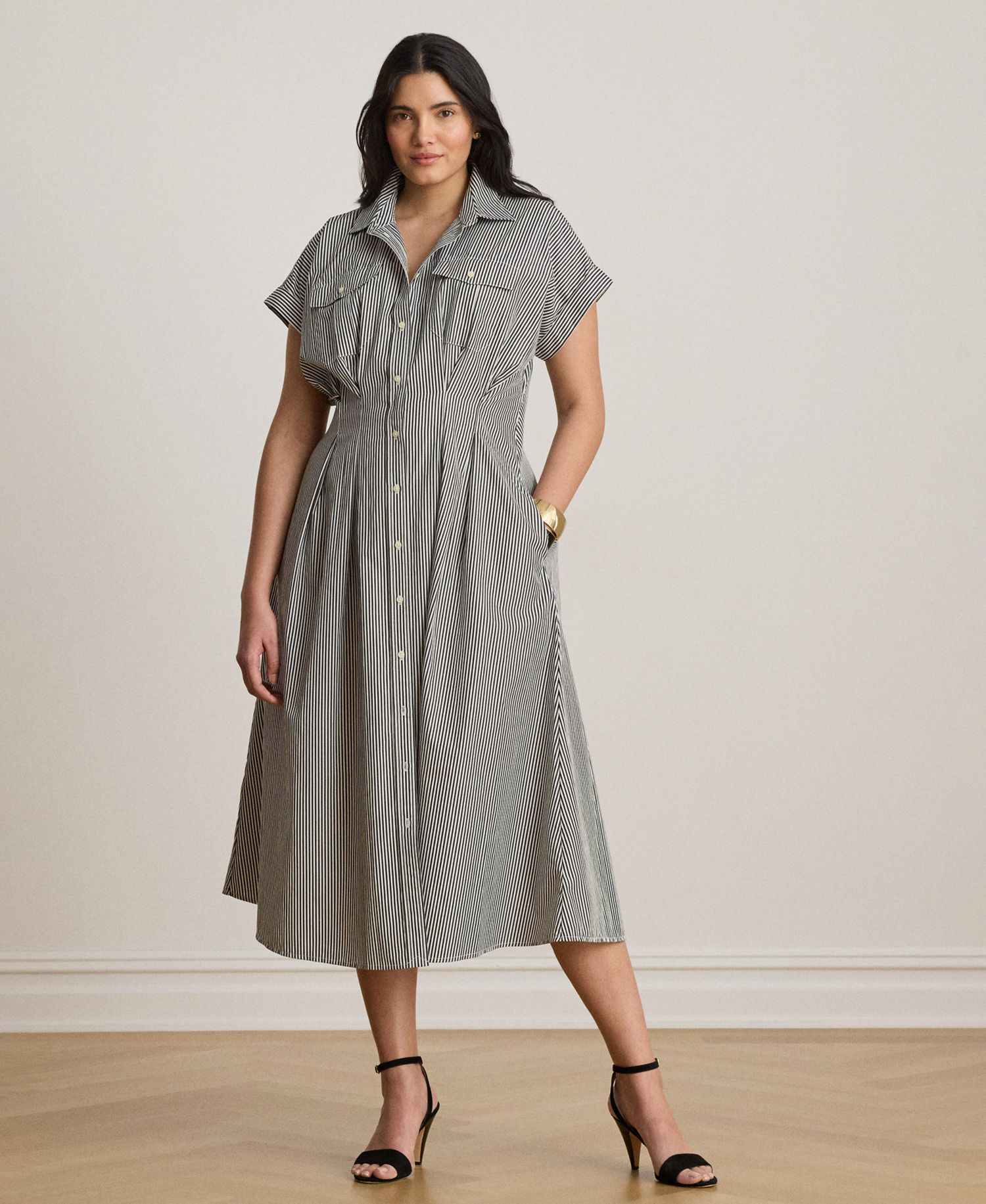 Women's Striped Pleated Broadcloth Shirt Dress